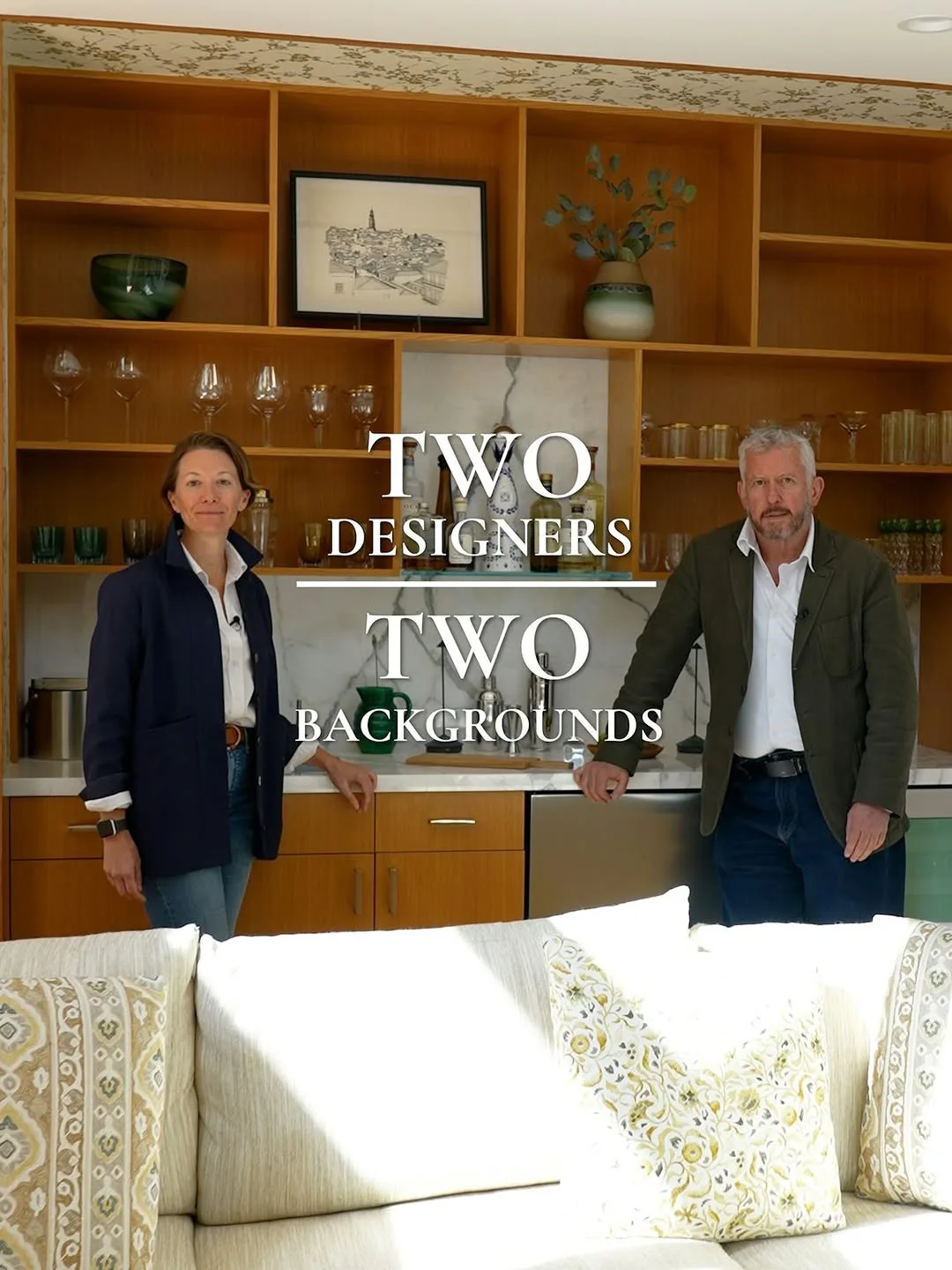 Mark Cutler and Nichole Schulze standing in front of custom wood shelving