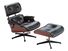 An Eames arm chair with ottoman. The chair is black upholstered with sleek, modern lines.